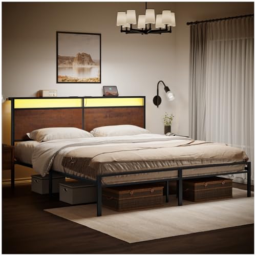 Lista de Base para Colchon King Size Top 5. 47 HOMELYA Base Cama King Size - Cabecera con Luces Led, 1 Puerto USB, 1 Puerto C - Plataforma de Metal - Antideslizante sin Ruido (King Size)