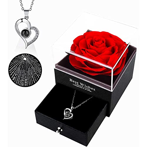 Vraie Rose Eternelle Rouge avec Bijoux, Coffret Cadeau Femme avec 100 Langues Je T'aime Collier, Anniversaire Saint Valentin Noël Fête des Mères Idées Cadeaux pour Les Femmes Épouse Maman Petite Amie Cover