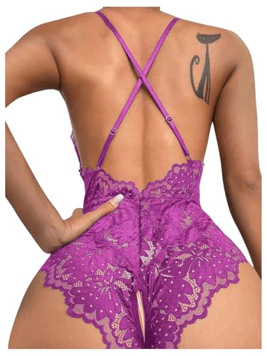 Image of SOLY HUX Women's One Piece Lingerie Sexy Lace Babydoll Deep V Teddy Criss Cross Backless Teddy Mini Bodysuit