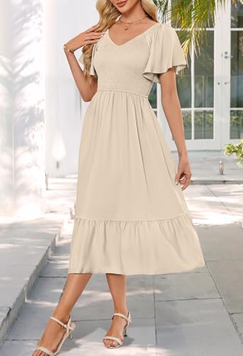 MEROKEETY Women's Summer Casual V Neck Ruffle Sleeve Smocked High Waist Midi Dress with Pockets3