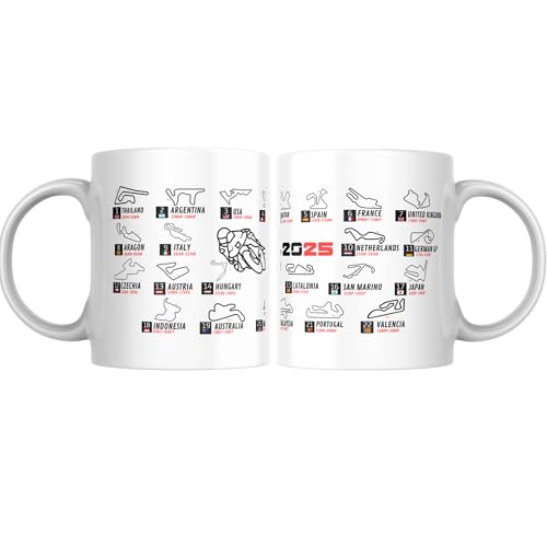 Taza personalizada Fórmula 1 y Moto GP con Calendario y Circuitos 2025. Regalo Original para los amantes de las motos. (MGP 2025)
