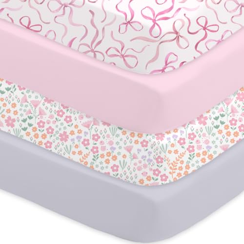 Image of Bimocosy Crib Sheets 4 Pack, Baby Crib Sheets Fitted for Boys and Girls Breathable & Snug Fit, Soft Toddler Bed Sheets for Standard Crib Mattress Nursery Daycare Essentials, Bows