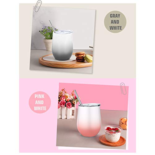12 Oz Stainless Steel Stemless Wine Glass Tumbler, Fungun Double Wall Vacuum Insulated Wine Tumbler Mug with Lids for Coffee, Wine, Cocktails, Including 6 Straws（white and pink） - Thumbnail 5