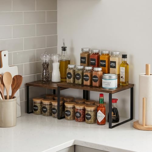 Image of Furinno RAVEL Kitchen Countertop Organizer Set of 2, Nesting Counter Shelves, Kitchen Storage, Expandable, Stackable, Spice Rack, for Kitchen, Pantry, Coffee Bar, Amber Pine