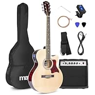 Perfect acoustic guitar starter kit for beginner guitarists, providing everything needed to start playing immediately, including guitar, powerful 40W amplifier, accessories and gig bag included. High-quality grand auditorium design with cutaway shape...