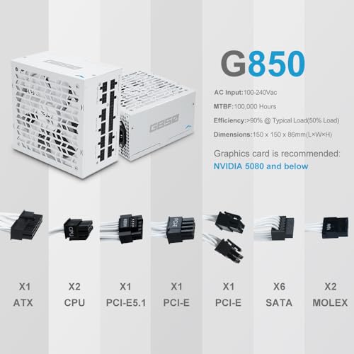 Image of SAMA G850 850W Gold ATX 3.1 PCIe 5.1 Fully Modular Power Supply, White | 80 PLUS Gold Certified,Cybenetics Platinum Rated,Japanese Capacitors,PCIe 5.1 (450W),12V-2x6, ECO Silent Fan,850W Gaming PSU