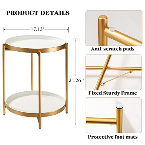 TeoKJ 2 Tier Gold Side Table, Folding Round Metal End Table Small Nightstand with Two Removable Tray for Bedroom Living Room Bedside Small Spaces Gold + White by TeoKJ - Image 3