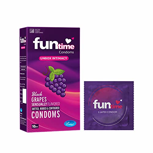 Image of Funtime Flavoured Dotted Ribbed And Contoured Long Lasting Condoms for Men Count 10 - Combo (Pack of 2 Black Grapes, Pack of 2 Fruity Banana) Total 40 pcs