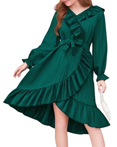 Girls Dress Fall Winter Party Dress, Girl Long Sleeve Ruffle Smocked Holiday Princess Dresses for Kids Size 7-12T