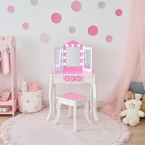 Image of Teamson Kids - Fashion Polka Dot Prints Gisele Play Vanity Set with LED Lights - Pink /White | For Girls, Makeup Table with Stool and Drawer, Pretend Beauty Toy Furniture, For Toddlers and Children