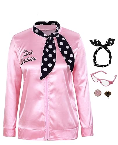 Edinoy 1950s Pink Satin Jacket with Scarf Earrings Cat Eye Glasses Halloween Women's Cosplay Costume (Pink-Large)