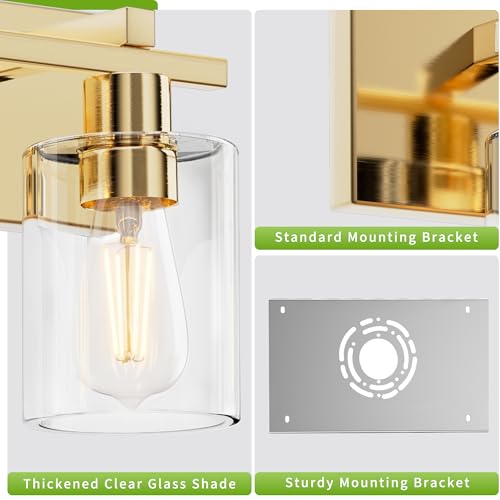 Image of Bathroom Vanity Light, 3 Light Gold Light Fixture with Thickened Clear Glass Shade, 21 inch Modern Wall Sconce,Vanity Light Over Mirror for Bathroom