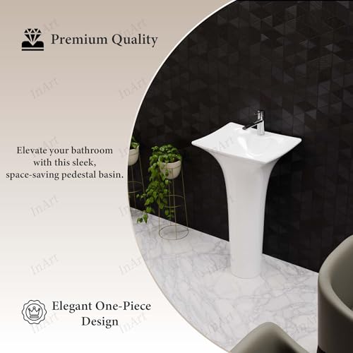 Image of InArt One Piece Ceramic Design Pedestal Free Standing Rectangular Wash Basin for Hall And Bathroom (18 x 15 x 32 Inch, White)