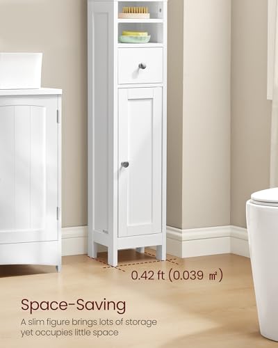Image of VASAGLE Tall Storage Cabinet, Slim Freestanding Floor Cabinet with Adjustable Shelves, Drawer, Open Compartments, for Small Spaces, Bathroom, Living Room, Modern, Cloud White UBBC765W01