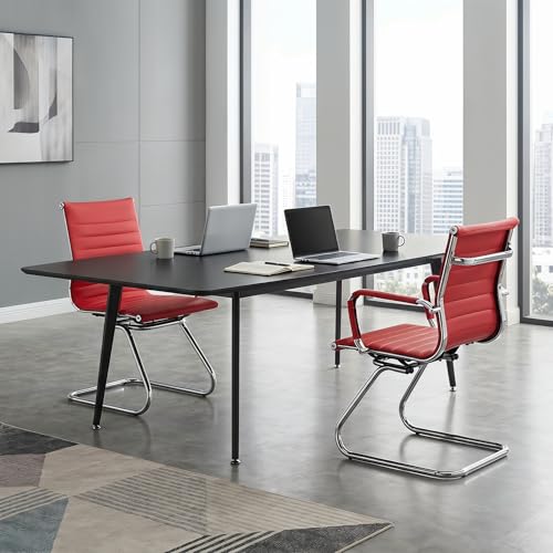 Image of HNY Leather Office Guest & Reception Chairs Set of 2, Modern Waiting Room Chairs with Arms, Desk Chair no Wheels with Sled Base for Conference Room, Burgundy