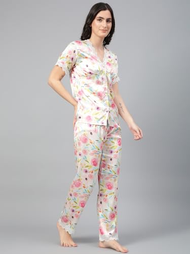 Image of KOTTY Women's Printed Satin Night Suit Shirt & Pyjama Set