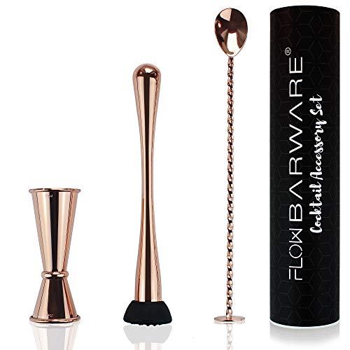 Juego de accesorios de cóctel, jigger japonés de doble extremo, cuchara mezcladora de cóctel y molinillo de frutas. The Perfect Mixologists Set de regalo Copper Cocktail Accessory Set