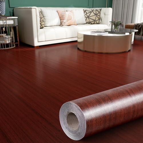 Rollo de vinilo de grano de madera, azulejos de piso gruesos, autoadhesivos, fáciles de usar, para cocina, dormitorios, salas de estar, suelo del hogar, color rojizo, 118 x 11.8 pulgadas