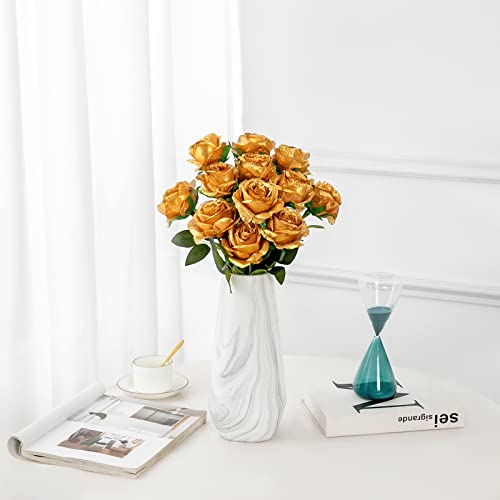 Hawesome 12Pcs Artificial Silk Flowers Realistic Roses Bouquet Long Stem For Home Wedding Decoration Party (Gold) #TOP1