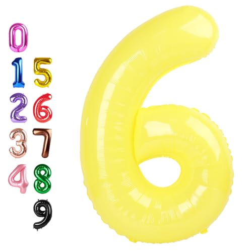 Image of Number Balloons 6 Balloon 40 inch Yellow for 6th Birthday Party Decorations | Saturated Color, Large 40 inch, With Inflation Straw & Hanging Holes, Great for Thanksgiving, Labor Day, Vintage Theme Party
