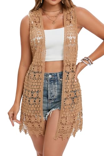 Image of GLEAMISS Women's Crochet Floral Vest Lace Trim Boho Sleeveless Cardigan