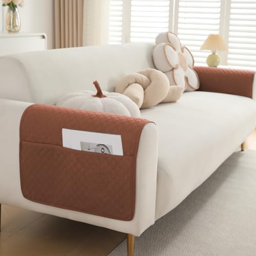 Image of HOKIPO Polyester Quilted Sofa Arm Cover With Pockets, Brown, Pack Of 2 (1 Pair) (In-787-Br*2)