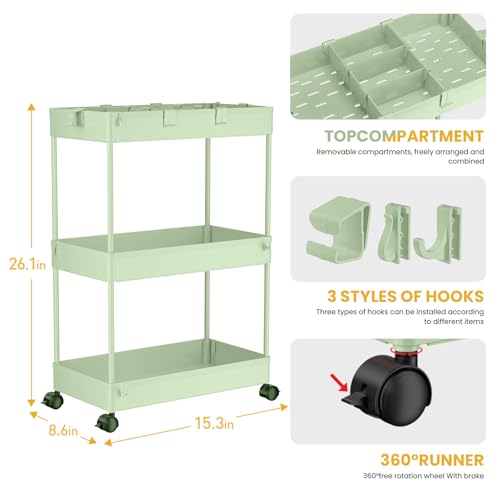 Image of SPACELEAD 3 Tier Rolling Cart with Wheels, Storage Craft Art Trolley Organizer Serving, 3 Hanging Baskets Easy Assembly, for Office, Living Room, Kitchen, Green