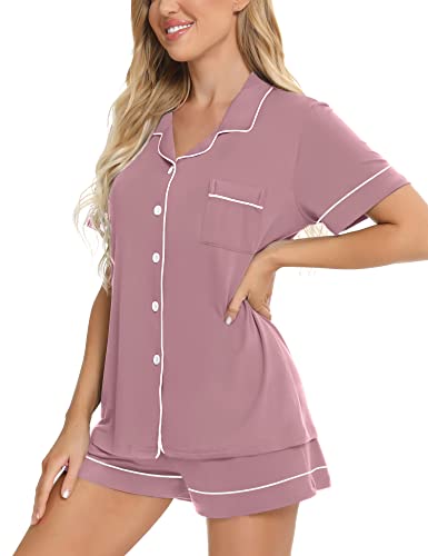 Image of SWOMOG Womens Button Down Pajamas Set Short Sleeve Sleepwear Bride Soft Pj Lounge Sets XS-3XL