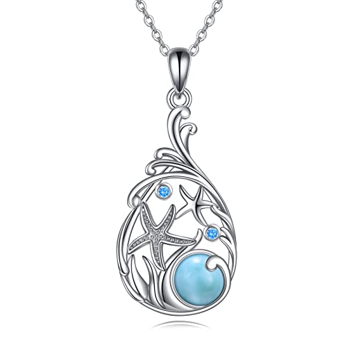 CRMAD Larimar Beach Necklace Sterling Silver Starfish Teardrop Ocean Jewelry for Women
