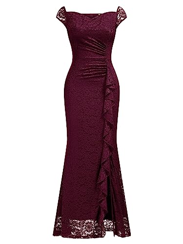 Image of MISSMAY Women's Vintage V-Neck Floral Lace Ruffle Split Formal Evening Maxi Dress
