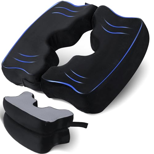 SAHEYER Bed Sore Cushions for Butt, Memory Foam Hemorrhoid Pressure Relief Pillow with Center Hole and Tailbone Cutout, for Long Sitting Coccyx, Sciatica, Postpartum, Pregnancy, After Surgery, Black