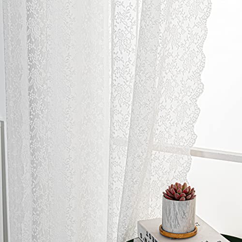 Eyelet Pure White Rose Lace Curtains 63 Inch Length - Grommet Top Shabby Chic Floral Tile Pattern Sheer Lace Curtains For Bedroom, Lightweight Lace Window Curtains, 54 X 63 Inch, 2 Panels, White #TOP2