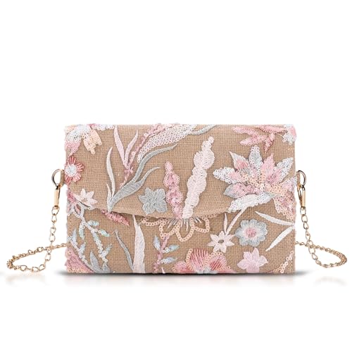 Image of Clutch Purses for Women, Envelope Package, Sequin Embroidered Flowers Straw Bag, Bohemian Handmade Handbags