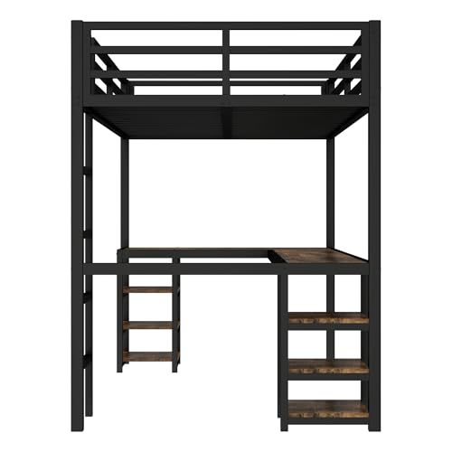 Image of Twin XL Metal Loft Bed with Desk and Shelves, L-Shaped Frame with Ladder and Twin-Length Guardrails, Space-Saving Bed for Bedroom, White