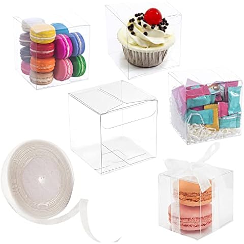 100 Pack 6x6x6cm MUAEEOK Clear Favor Boxes with White Silk Ribbon Plastic Gift Boxes Transparent Cube Boxes for Candy Cookies Wedding Party Baby Shower Birthday Party (6x6x6 cm) Cover