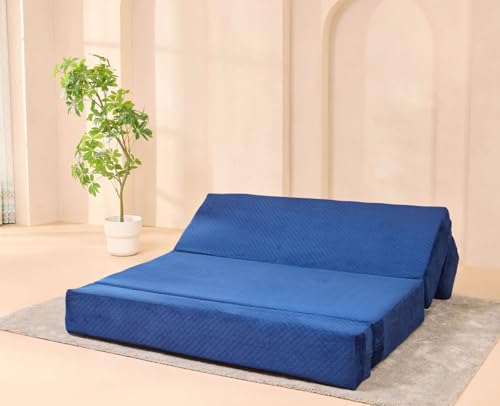 Image of uberlyfe Xtra High, Xtra Soft 3 Seater (5' x 6') Sofa Cum Bed | 1 Year Warranty | 17 inch Sofa Height | Queen Size Foldable Bed | Plush Laser Quilted Fabric | Deep Blue Color
