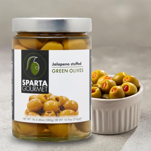 Image of Sparta Gourmet Jalapeno Stuffed Green Olives • Vegan & Non-GMO Verified, 20.46 oz ℮ 580 g