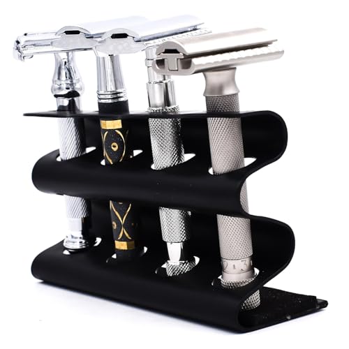 Parker Double Edge Razor Stand – Solid Brass with Black Finish –Holds 4 Razors – Parker Stand with Padded Base – Excellent Storage for Long Handled Double Edge Safety Razors