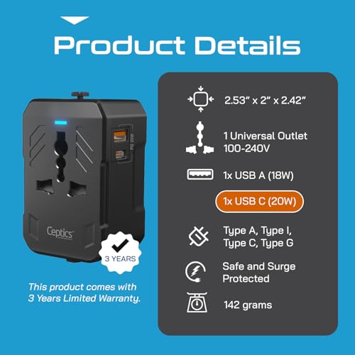 Image of Ceptics Universal Travel Adapter with 20W USB-C, All in One Travel Accessories with 1 USB A (18W), 1 Type C and Universal Socket, Compact International Adapter for Worldwide Use