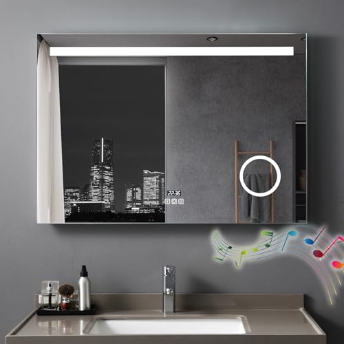 LISA Miroir salle de bain lumineux 100 x 70 cm miroir mural LED salle de bain avec eclairage - Bluetooth, Anti-buée, 3 Lumières Couleurs Dimmables, Horloge, Prise,...