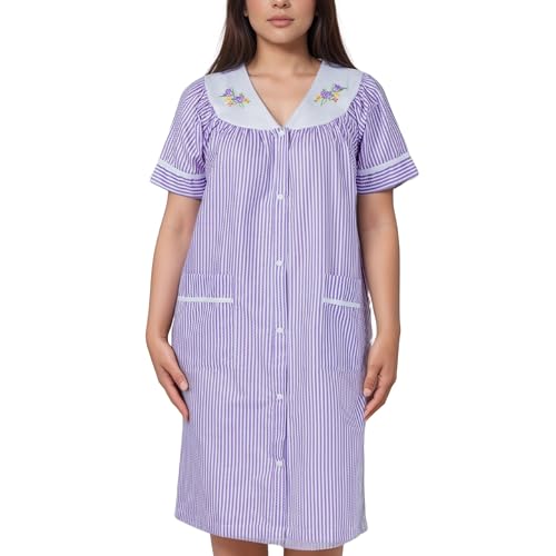 Image of Women's Short Sleeve Woven Snap-Front Closure Striped Embroidery Housecoat Duster Nightgown with Front Pockets