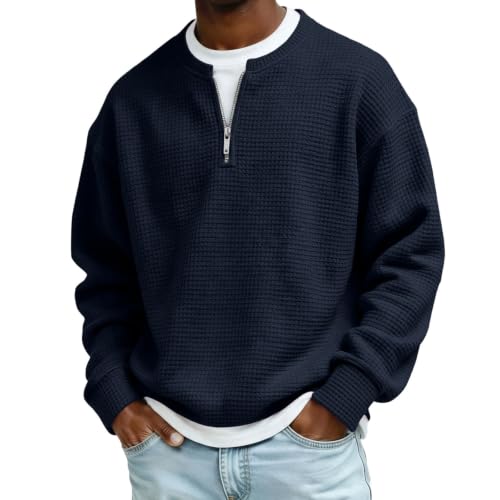 Layered Comfort Waffle Tee Men Quarter Zip Casual Fall Long Sleeve Shirt - image 1