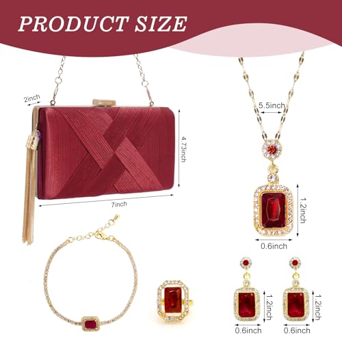 Image of 5 Pcs Clutch Purses for Women Jewelry Set Handbag with Necklace Earrings Ring Bracelet Vintage Banquet Handbag with Detachable Chain for Wedding Party Gift Supplies