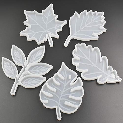 5 Style Leaf Shape Coaster Epoxy Mold Leaves Texture Home DIY Resin Casting Cups Mats Silicone Mold, Size around 4