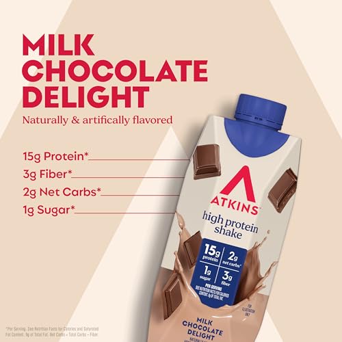 Image of Atkins Milk Chocolate Delight High Protein Shake, 15g Protein, 2g Net Carb, 1g Sugar, Keto Friendly, Chocolate Flavored Protein Shakes, 12 Count