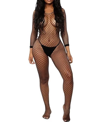XIUSEMY Femme Bodystocking en Résille Transparente Une Pièce Sexy Fishnet Lingerie de Nuit Chemise de Nuit et Bas de Lingerie(Noir-QWY)