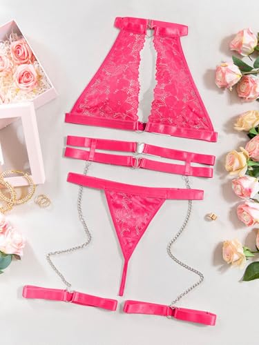 Image of Foxiny Sexy Halter Heart Ring Cutout Chain Floral Lace Sheer Garter Belt Lingerie Set 3 Piece