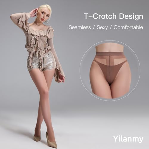 Image of Yilanmy 3 Pairs Sheer Tights for Women Ultra Thin T-Crotch Pantyhose High Waist Stockings 20D