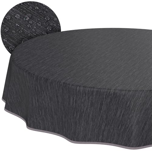 Tischdecke abwaschbar Wachstuch Wachstuchtischdecke Gartentischdecke Leinen-Optik Pflegeleicht Wasserabweisend 140cm (Rund) Anthrazit mit Saum