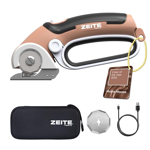 Image of ZEITE 4V Cordless Electric Scissors Cardboard Cutter with 2 Blades,Storage Case,Rotary Cutter for Box Plastic Carpet Fabric, Easy to Hold and Safe,Mocha